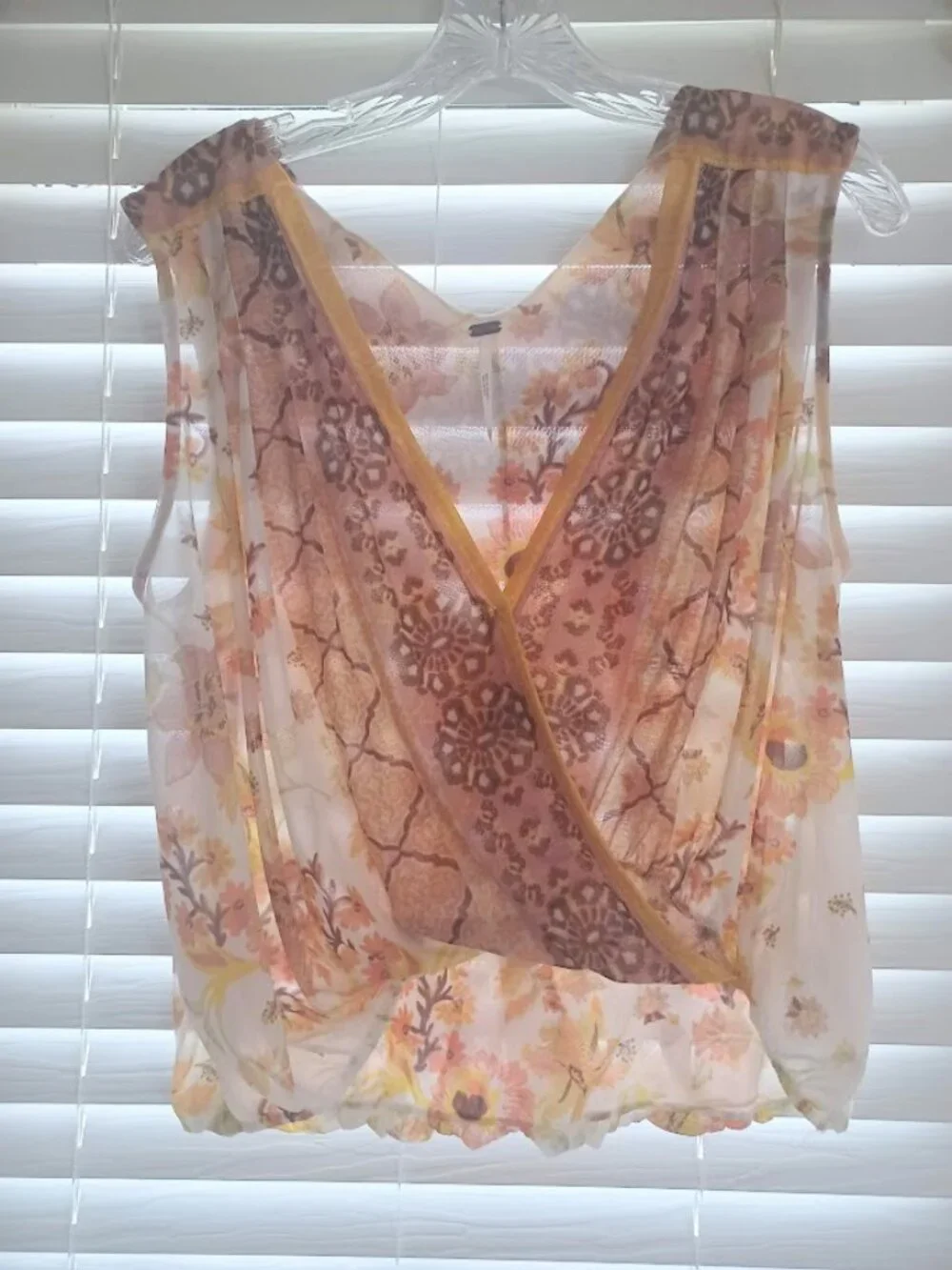 Free People XS Floral Surplice Wrap Tank Top Boho Bubble Hem Sleeveless Blouse